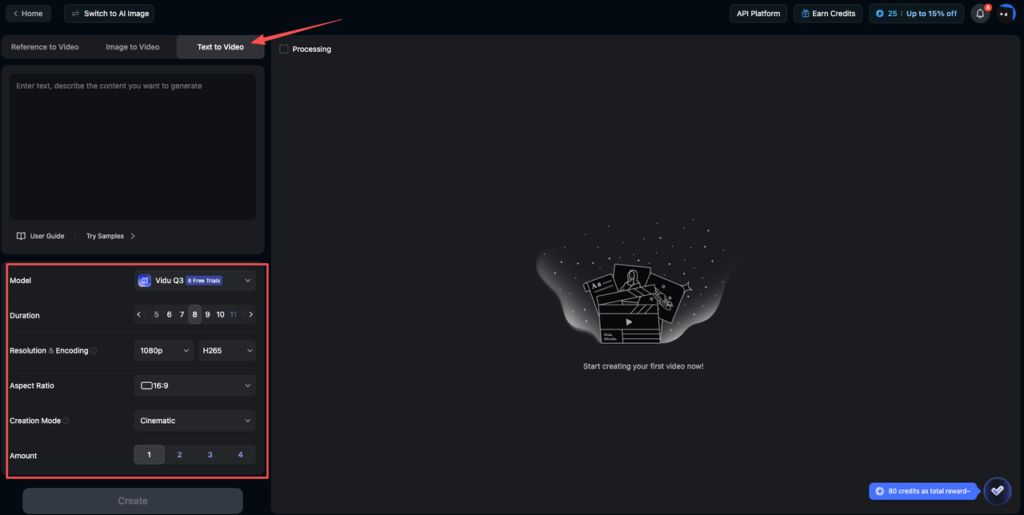 Detailed Vidu Q3 settings panel showing how to use Vidu Q3 – select Q3 model, 8-second duration, 1080p resolution, cinematic mode