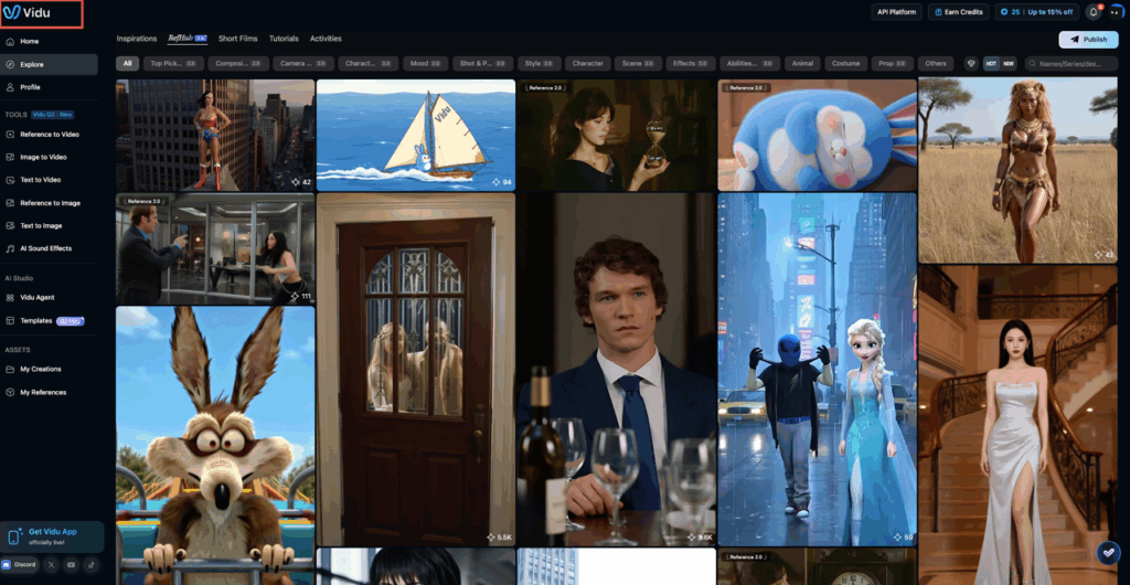 The Vidu explore page showcasing diverse AI video characters and scenes created using a creative Vidu Q3 prompt.