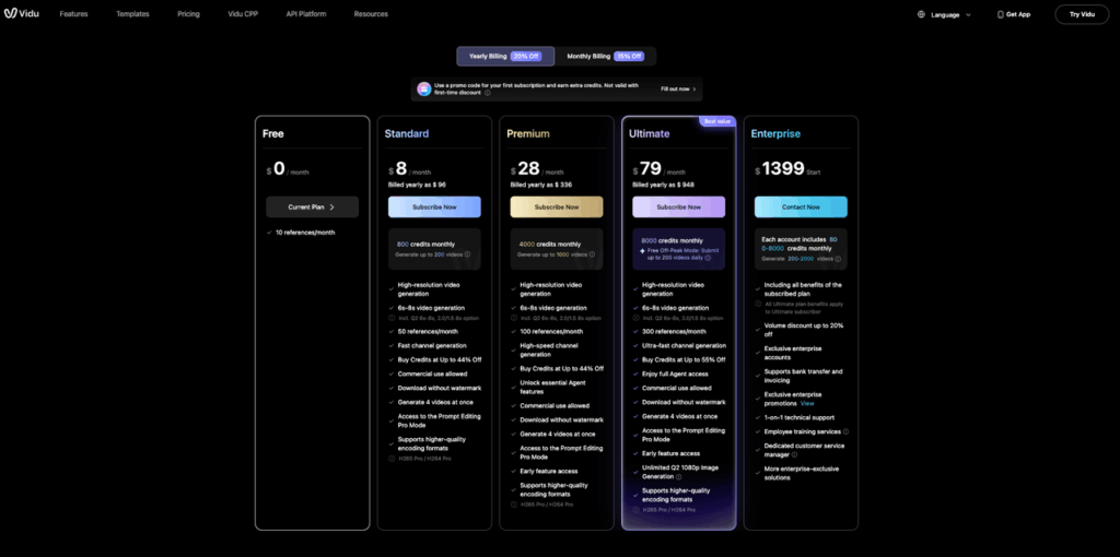 The pricing page displaying subscription plans for accessing Vidu reference to video and other premium AI generation features.