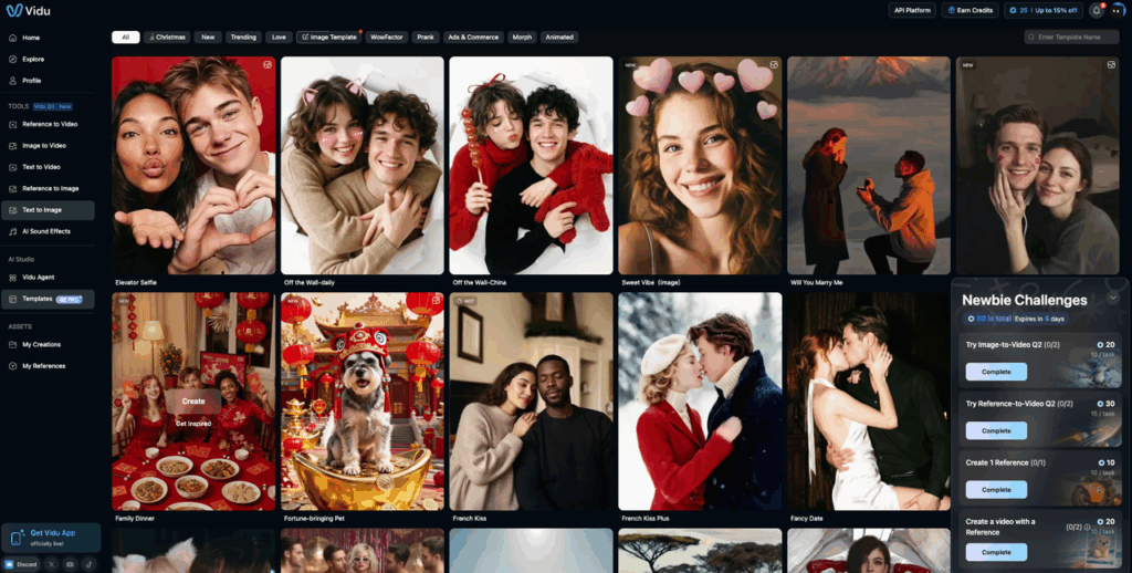 A gallery of creative templates and style examples for users to explore when using the Vidu reference to video AI feature.
