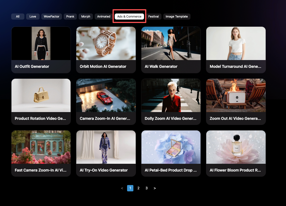 The Ads & Commerce tab selected in the library, showcasing Vidu templates designed for product rotation and marketing.