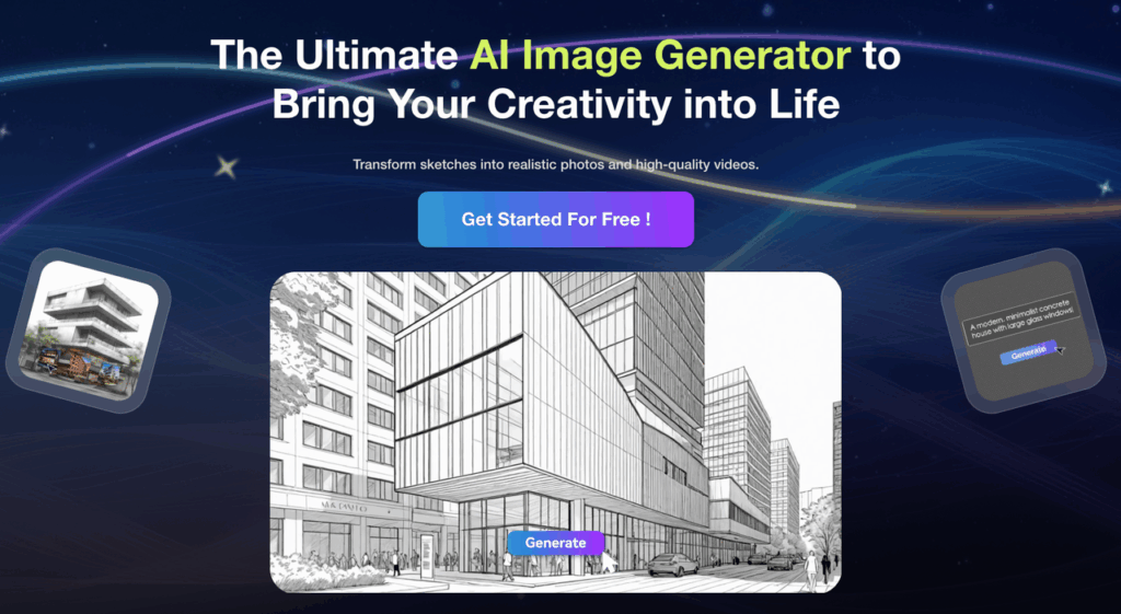 Website homepage for an AI image generator showing a sketch transforming into a realistic architectural building render.