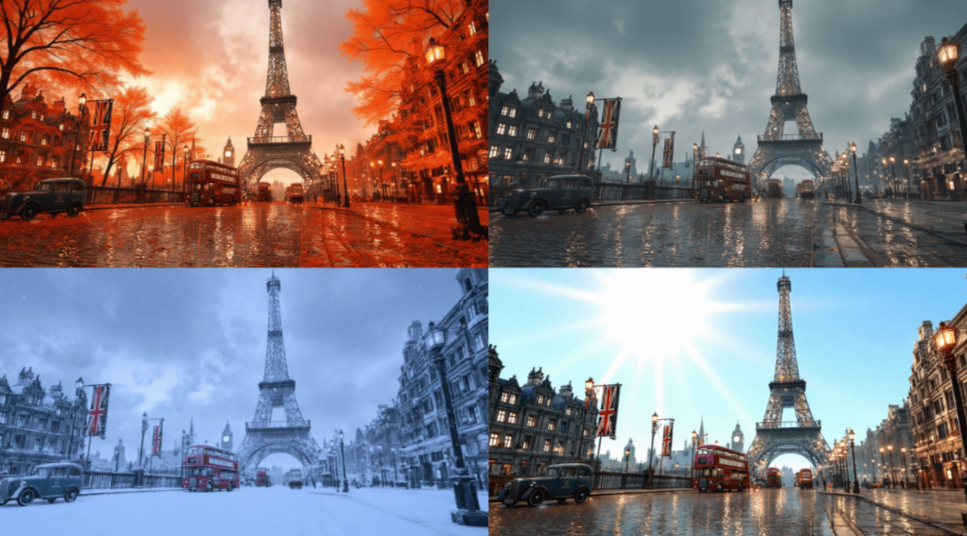Eiffel Tower seasonal variations showcasing output quality for the promeai workflow sop client deliverables using AI.