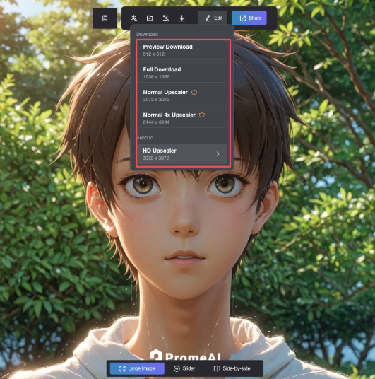 PromeAI menu displaying download settings and AI image upscaler options like HD and 4x magnification for an anime portrait.