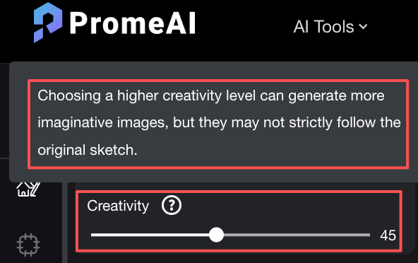 PromeAI creativity slider setting that controls how closely it follows a pencil drawing.