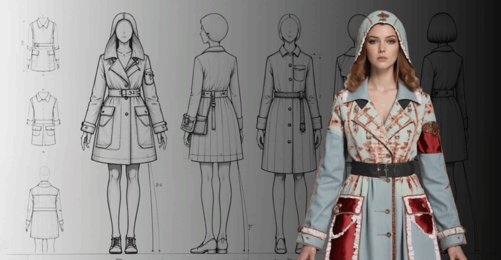 Transforming simple drawings of fashion concepts into a lifelike AI-rendered model wearing a detailed, stylish coat.