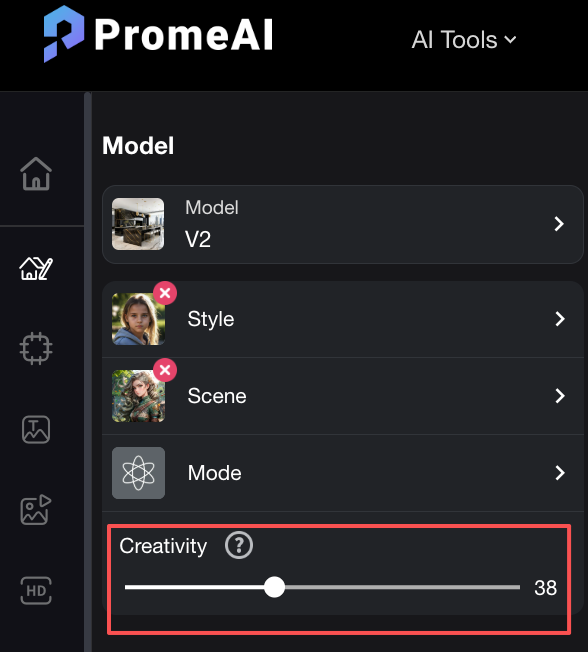 PromeAI settings menu showing the creativity slider to adjust how closely AI follows your uploaded easy sketches.