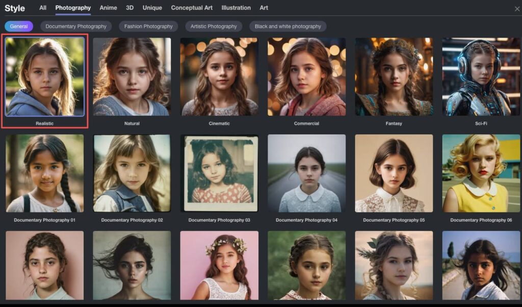 AI tool gallery showing diverse photography styles to apply to a pencil drawing.