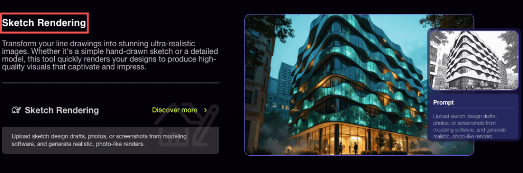 Software interface showing a building pencil drawing transforming into a 3D render.