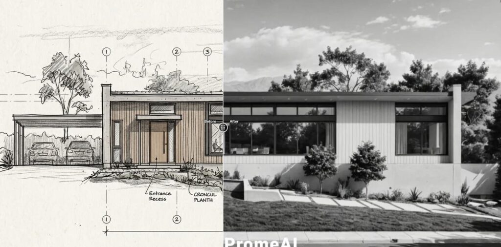 Side-by-side comparison showing architectural sketch transformed into photorealistic drawings using PromeAI. Clean modern house with garage and landscaping, labeled “Before” and “After”.
