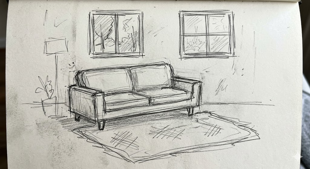 A simple hand-drawn pencil drawing of a living room with a sofa and windows, serving as one of our sample easy sketches.