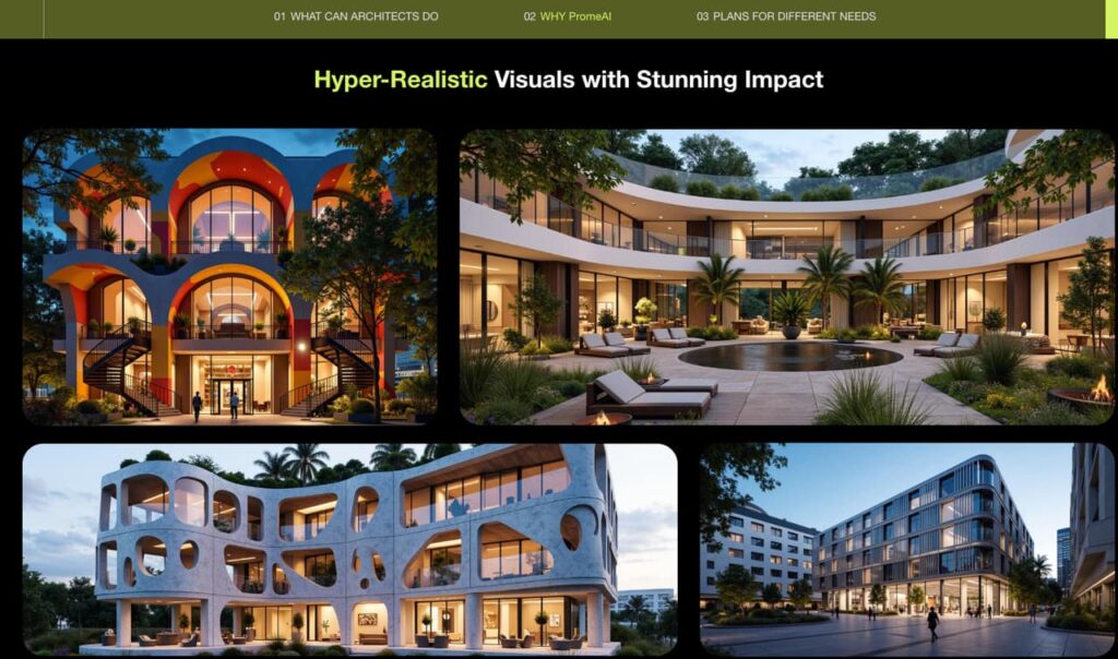 Stunning hyper-realistic drawings of modern colorful and luxury architecture by PromeAI. Collection of vibrant residential and commercial building renderings with pools and landscaping.