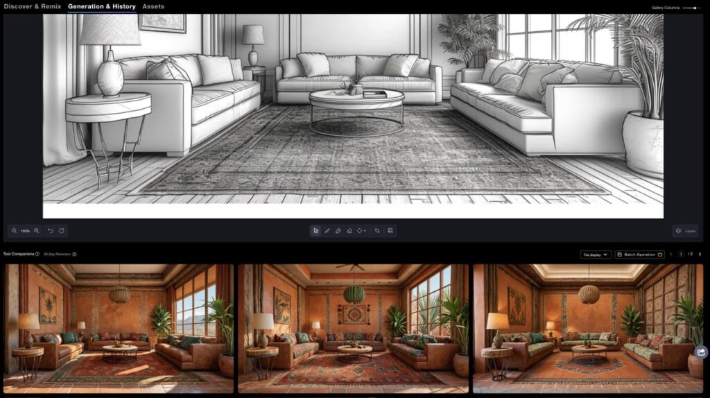 Interface converting a living room pencil drawing into three realistic room renders.
