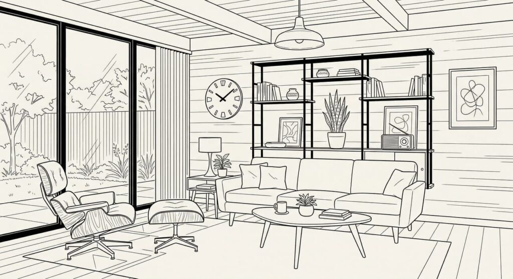 A detailed interior design draw line drawing featuring a modern living room with a sofa, chair, shelves, and large windows.