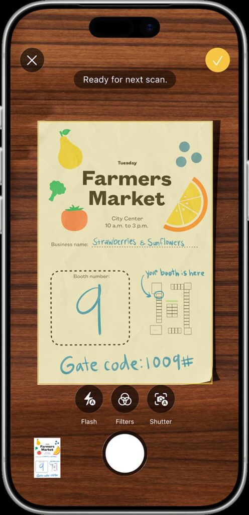 Scan a farmers market poster with a mobile app to digitize a custom draw line drawing map and booth number information.