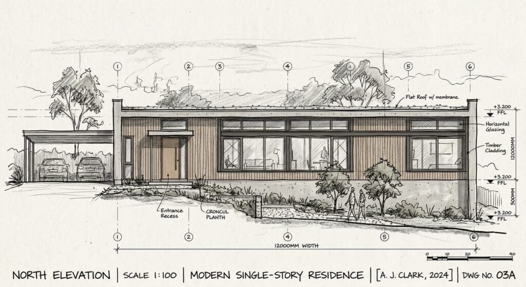 Detailed hand-drawn architectural sketch of a modern single-story residence north elevation, featuring timber cladding, large windows, and landscaping annotations.