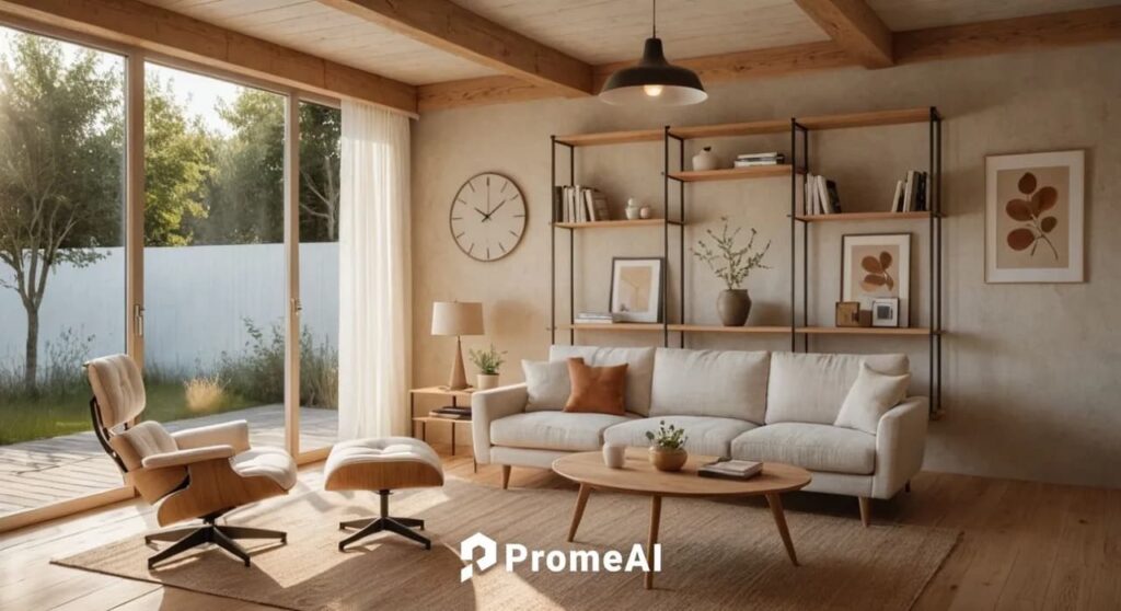 A photorealistic PromeAI render generated directly from an interior design draw line drawing of a modern living room space.