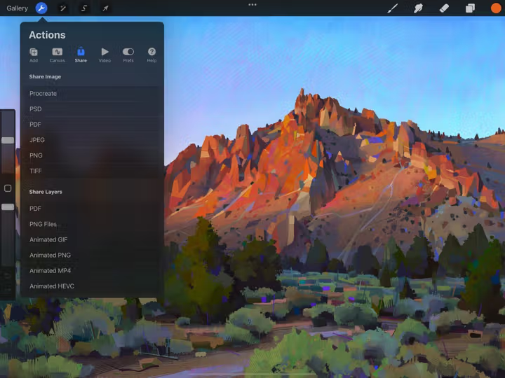 Export digital art from the Procreate app after you draw line drawing sketches and paint beautiful mountain landscapes.