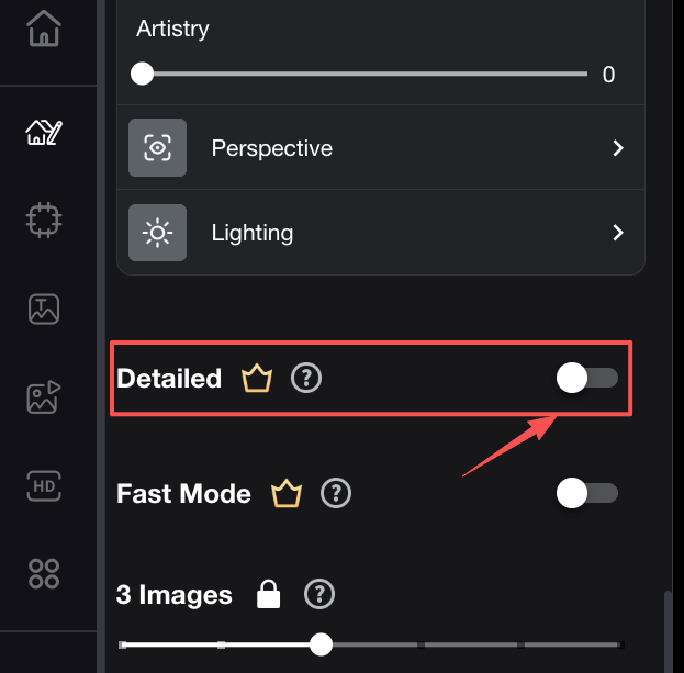PromeAI interface showing the “Detailed” mode toggle highlighted in red, essential for generating high-quality realistic drawings and architectural visualizations.