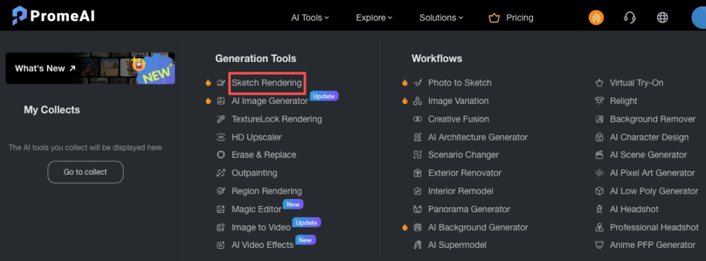 The PromeAI dashboard highlighting the sketch rendering tool, which turns simple drawings into professional designs.