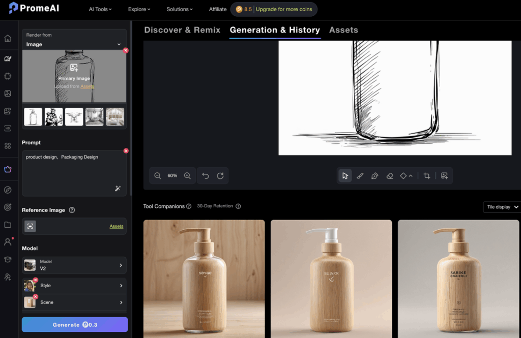 See how to draw line drawing designs for packaging and use AI tools to generate realistic wooden product visualizations.