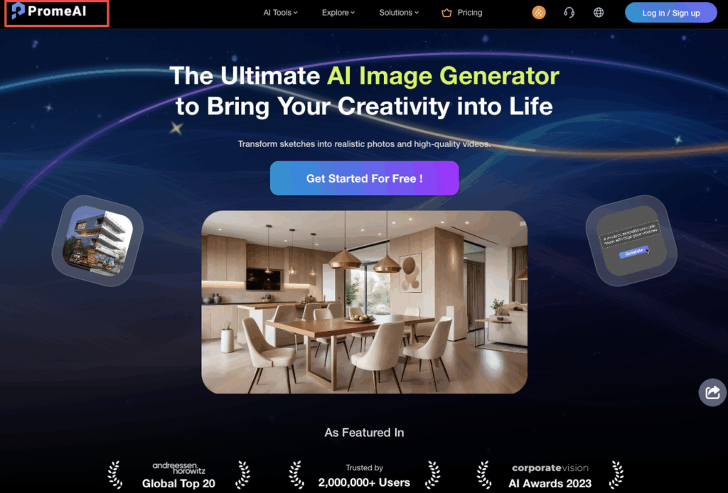 PromeAI homepage showing how to transform easy sketches into high-quality realistic photos and videos.
