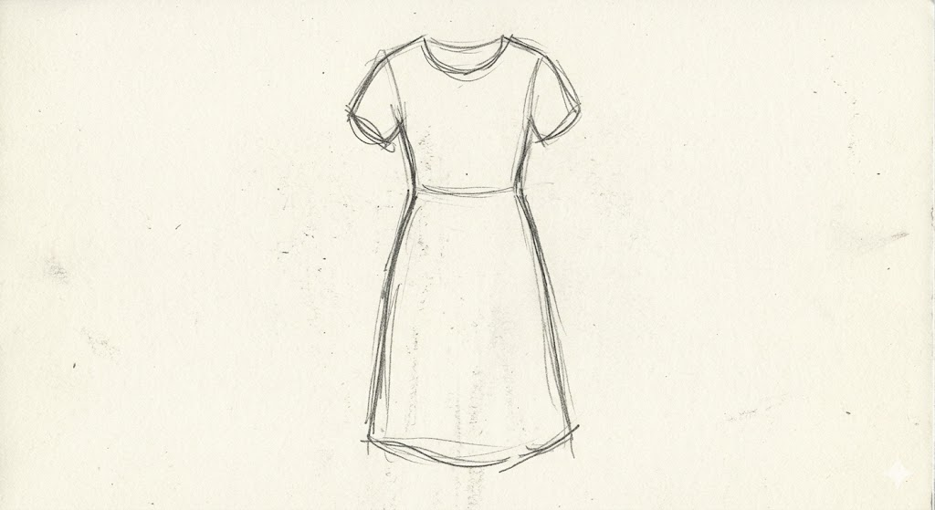 Basic pencil outlines and simple drawings of a short-sleeved dress, ready to be processed by AI rendering software.