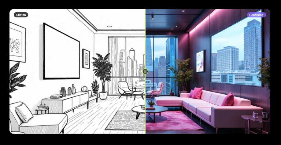 A side-by-side comparison showing how simple drawings of a living room become high-quality, realistic AI interior renders.