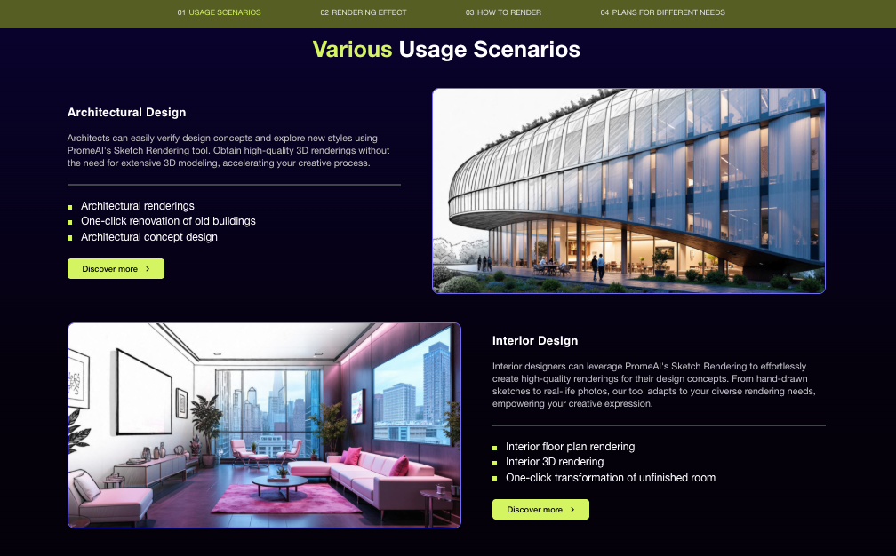Explore various usage scenarios where simple drawings are converted into brilliant architectural and interior design renders.