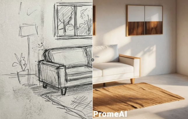 A split screen comparing hand-drawn easy sketches of a living room to a fully rendered realistic 3D interior design image.